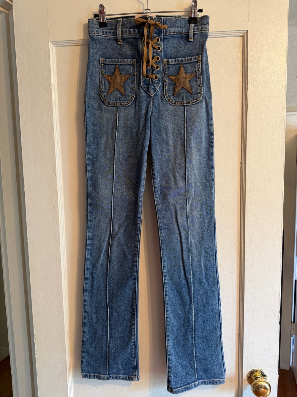 Revice Country Blue Denim Lace-Up Front Jeans with Star Patches